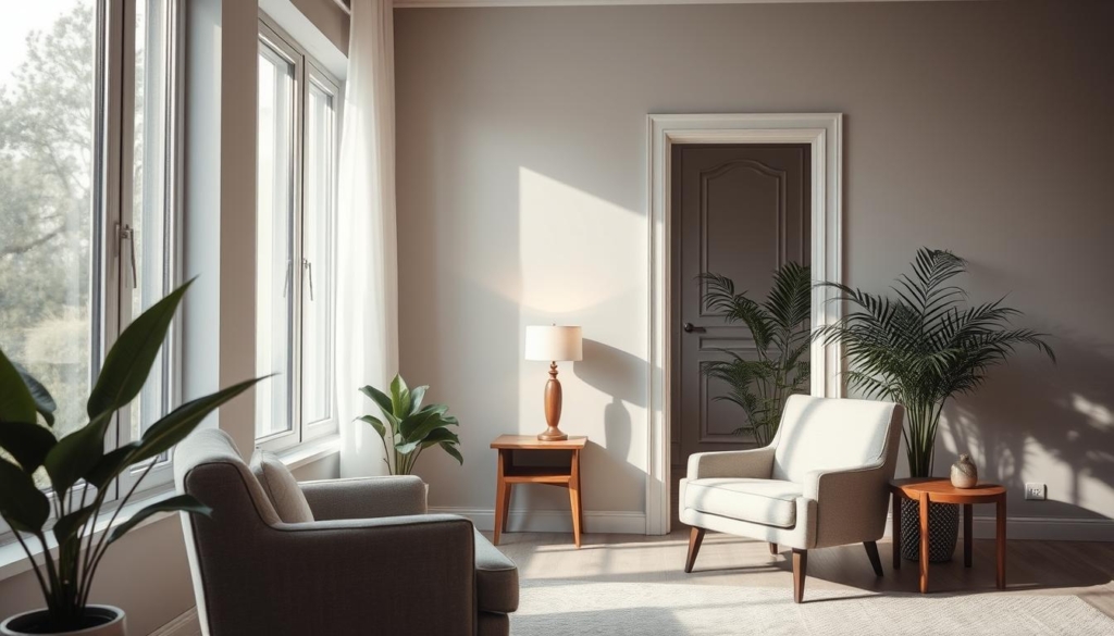 A serene home interior with soft natural lighting, showcasing the concept of privacy as a way of life. In the foreground, a plush armchair faces a large window, inviting introspection. Muted tones of grey and beige create a calming atmosphere, while strategically placed plants and minimal decor suggest a purposeful, uncluttered lifestyle. The middle ground features a wooden side table with a single, elegantly-designed lamp, casting a warm glow. In the background, a partially-obscured doorway hints at secluded, private spaces beyond, emphasizing the importance of personal boundaries and self-containment. The overall composition conveys a sense of tranquility, balance, and a thoughtful approach to living.
