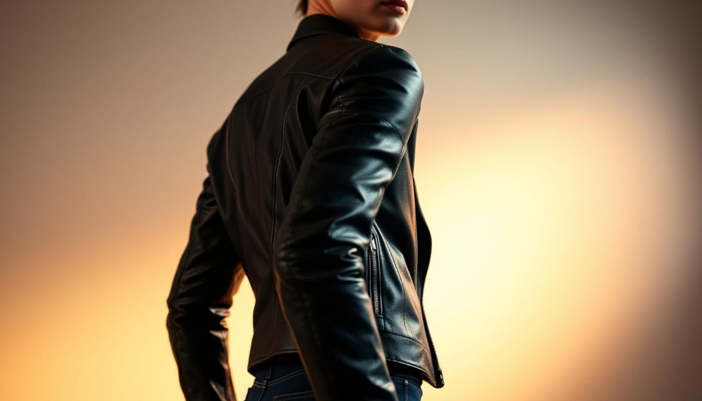 A sleek, modern biker jacket with a tailored silhouette, crafted from high-quality black leather. The jacket features a classic stand-up collar, asymmetrical zip closure, and subtle quilted detailing on the shoulders and elbows, adding a touch of texture. The fit is slim and contoured, complementing the wearer's physique. Warm, diffused studio lighting casts a soft glow, highlighting the luxurious leather and accentuating the jacket's sharp, contemporary lines. The image is captured from a slightly low angle, creating a bold, confident perspective that showcases the jacket's refined, fashion-forward design.
