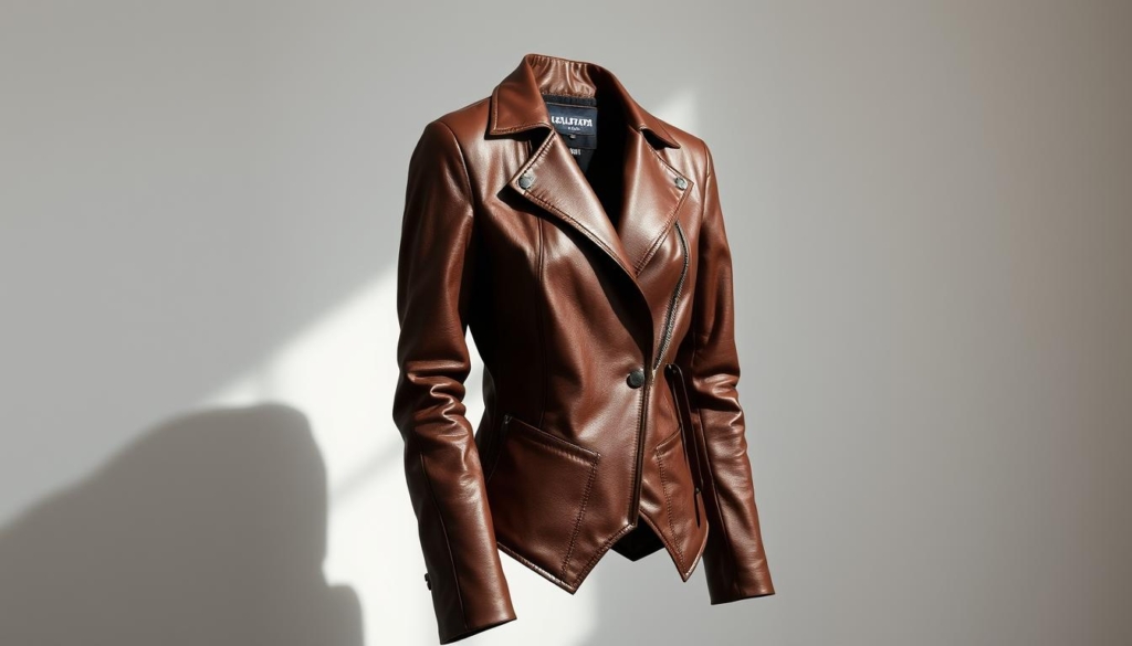 A striking, well-fitted women's leather jacket in a modern, tailored silhouette. The garment is crafted from supple, high-quality leather in a deep, rich color. Subtle stitching and hardware details add a touch of industrial edge. The jacket features a slim, contoured cut that flatters the figure, with a slightly cinched waist and slightly flared, angled hem. Soft, draped lapels frame the face, while the jacket's streamlined, minimalist design creates a sleek, effortless look. Subtle, diffused lighting from the side casts gentle shadows, accentuating the jacket's form and texture. The composition places the jacket in a simple, neutral setting, allowing the garment's high-end craftsmanship and modern aesthetic to take center stage.