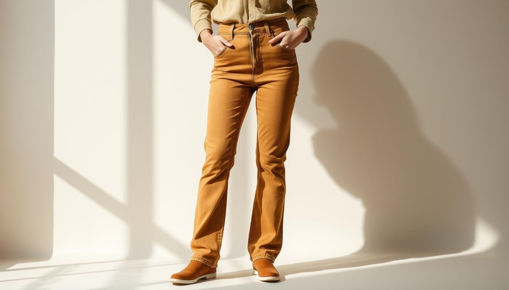 A stylish pair of high-waisted, faded-wash denim jeans in a warm, earthy tone, with subtle distressing and whiskering details. The jeans are modeled against a neutral, minimalist background, casting soft, diffused natural lighting. The composition emphasizes the versatility and everyday appeal of the "Farben Anlass" jeans, capturing their ability to seamlessly transition from casual to smart-casual wear. The overall atmosphere is one of understated elegance and timeless style, reflecting the contemporary German fashion landscape. A stylish pair of high-waisted, faded-wash denim jeans in a warm, earthy tone, with subtle distressing and whiskering details. The jeans are modeled against a neutral, minimalist background, casting soft, diffused natural lighting. The composition emphasizes the versatility and everyday appeal of the "Farben Anlass" jeans, capturing their ability to seamlessly transition from casual to smart-casual wear. The overall atmosphere is one of understated elegance and timeless style, reflecting the contemporary German fashion landscape.