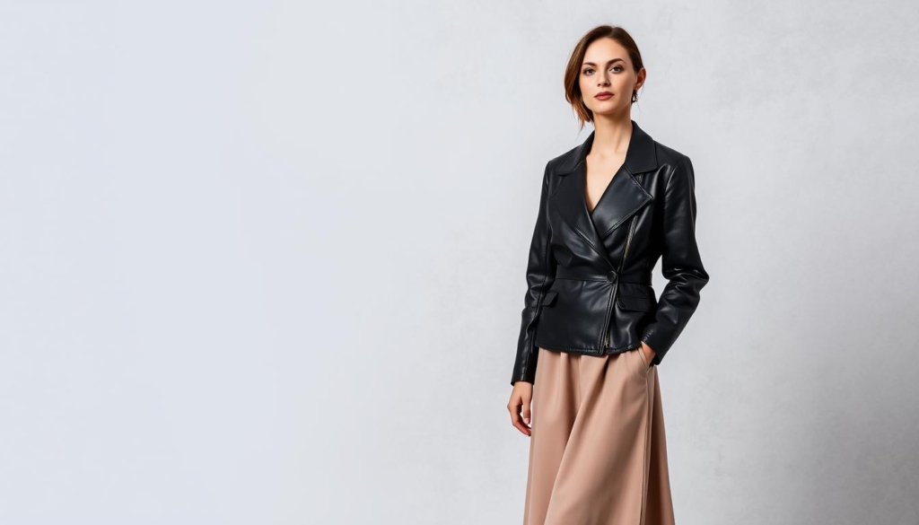 A stylish woman in a classic black leather jacket stands confidently against a backdrop of muted grays and whites. The jacket's tailored silhouette accentuates her figure, its supple leather reflecting soft, directional lighting. She pairs the jacket with a flowing midi skirt in a complementary neutral tone, creating a harmonious juxtaposition of textures. Her accessories, such as a delicate necklace and minimal heels, add a touch of elegance, while her relaxed, natural pose conveys an effortless sense of style. The overall atmosphere is one of understated sophistication, showcasing how a versatile leather jacket can be seamlessly integrated into a variety of outfits for different occasions. A stylish woman in a classic black leather jacket stands confidently against a backdrop of muted grays and whites. The jacket's tailored silhouette accentuates her figure, its supple leather reflecting soft, directional lighting. She pairs the jacket with a flowing midi skirt in a complementary neutral tone, creating a harmonious juxtaposition of textures. Her accessories, such as a delicate necklace and minimal heels, add a touch of elegance, while her relaxed, natural pose conveys an effortless sense of style. The overall atmosphere is one of understated sophistication, showcasing how a versatile leather jacket can be seamlessly integrated into a variety of outfits for different occasions.