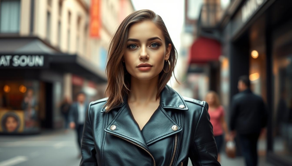 A stylish woman wearing a sleek black leather jacket, standing in a city street with a fashionable backdrop. The jacket has a classic biker silhouette, featuring zippers and a tailored fit. Her expression is confident and model-off-duty, with a subtle, alluring gaze. The lighting is soft and flattering, creating a warm, urban ambiance. The camera angle is slightly elevated, capturing the subject in a slightly upward perspective, emphasizing her statuesque presence. The background blurs softly, keeping the focus on the central figure and her effortless, cool-girl vibe. A stylish woman wearing a sleek black leather jacket, standing in a city street with a fashionable backdrop. The jacket has a classic biker silhouette, featuring zippers and a tailored fit. Her expression is confident and model-off-duty, with a subtle, alluring gaze. The lighting is soft and flattering, creating a warm, urban ambiance. The camera angle is slightly elevated, capturing the subject in a slightly upward perspective, emphasizing her statuesque presence. The background blurs softly, keeping the focus on the central figure and her effortless, cool-girl vibe.
