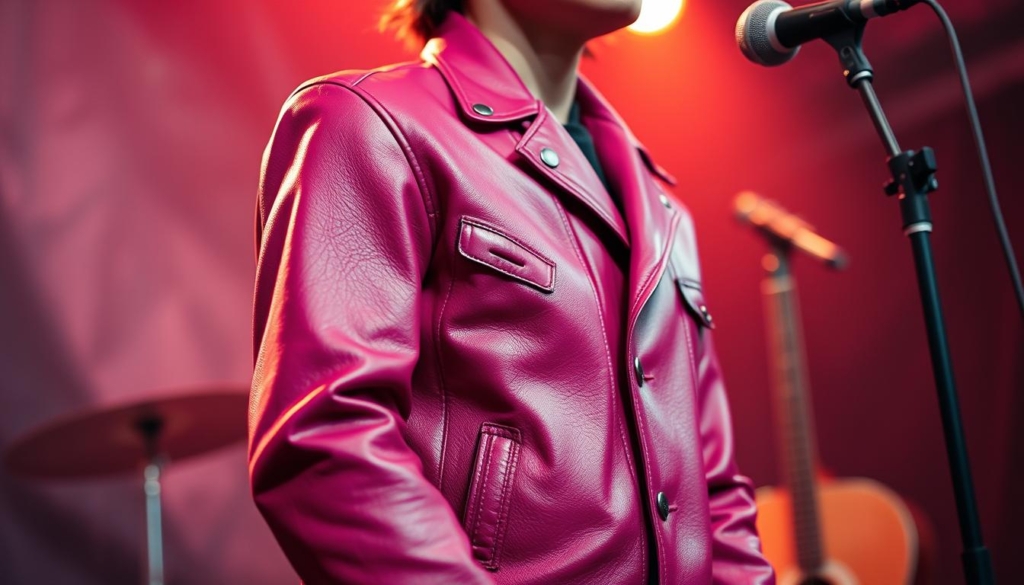 A vibrant leather jacket in a bold, retro-inspired color palette stands center stage, its sleek lines and textured surface capturing the eye. Soft, diffused lighting from an angled perspective creates a sense of depth and dimension, highlighting the jacket's structured silhouette and intricate hardware details. The background blurs into a hazy, vintage-inspired setting, evoking a nostalgic, performance-ready atmosphere. Carefully curated elements, such as a subtle hint of a guitar or microphone, subtly suggest the jacket's role in a dynamic, music-driven look. The overall composition strikes a balance between the jacket's modern sophistication and retro-tinged charm, creating a visually captivating and stylistically on-point image.