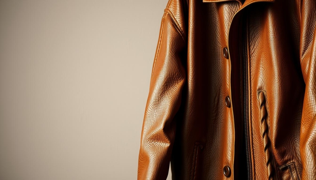 A vibrant, well-worn leather jacket in a natural, earthy tone, capturing the essence of "Natürliche Lederfärbung". The supple material is illuminated by soft, diffused lighting, highlighting the unique grains and textures. In the foreground, the jacket's surface is rendered in intricate detail, showcasing the rich, mottled hues that have developed over time. The middle ground features the jacket hanging gracefully, draped over a neutral background that allows the natural leather to take center stage. The overall mood is one of rustic sophistication, evoking a sense of timelessness and the beauty of well-crafted, long-lasting fashion. A vibrant, well-worn leather jacket in a natural, earthy tone, capturing the essence of "Natürliche Lederfärbung". The supple material is illuminated by soft, diffused lighting, highlighting the unique grains and textures. In the foreground, the jacket's surface is rendered in intricate detail, showcasing the rich, mottled hues that have developed over time. The middle ground features the jacket hanging gracefully, draped over a neutral background that allows the natural leather to take center stage. The overall mood is one of rustic sophistication, evoking a sense of timelessness and the beauty of well-crafted, long-lasting fashion.