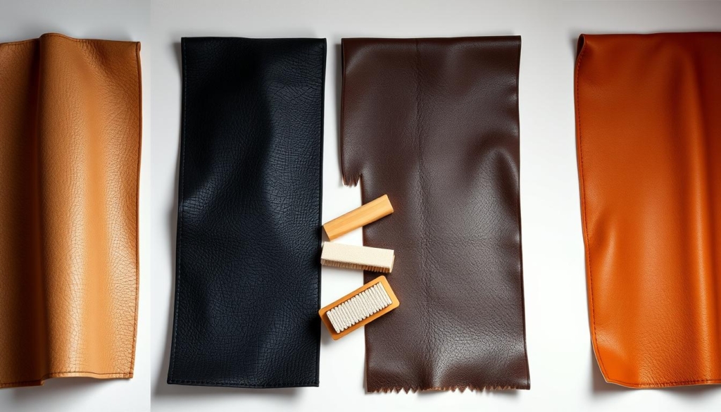 A visually striking side-by-side comparison of various leather types, showcased in a clean, well-lit studio setting. The foreground features a carefully arranged display of leather swatches, highlighting the distinct textures, grains, and colors of different leather varieties. The middle ground captures the leather cleaning process, with subtle details like soft brushes and polishing cloths. The background maintains a neutral, minimalist backdrop, allowing the leather samples to take center stage. The overall mood is one of refined elegance, emphasizing the nuances and attention to detail required for proper leather care and maintenance. Soft, even lighting accentuates the natural beauty and unique characteristics of each leather type. A visually striking side-by-side comparison of various leather types, showcased in a clean, well-lit studio setting. The foreground features a carefully arranged display of leather swatches, highlighting the distinct textures, grains, and colors of different leather varieties. The middle ground captures the leather cleaning process, with subtle details like soft brushes and polishing cloths. The background maintains a neutral, minimalist backdrop, allowing the leather samples to take center stage. The overall mood is one of refined elegance, emphasizing the nuances and attention to detail required for proper leather care and maintenance. Soft, even lighting accentuates the natural beauty and unique characteristics of each leather type.