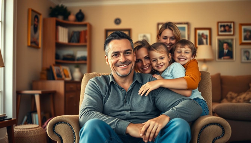A warm, family-focused portrait of Jean Claude Van Damme surrounded by his loved ones. In the foreground, Van Damme sits comfortably in an armchair, smiling proudly as he is embraced by his wife and children. The middle ground features a neatly decorated living room, with framed photos and personal mementos adorning the walls, conveying a sense of cherished memories. The background is softly blurred, hinting at a cozy, domestic setting. Warm, golden lighting casts a gentle glow, creating an atmosphere of contentment and familial bliss. The composition is balanced and inviting, capturing the essence of Van Damme's private life and the joy he finds in his close-knit family.