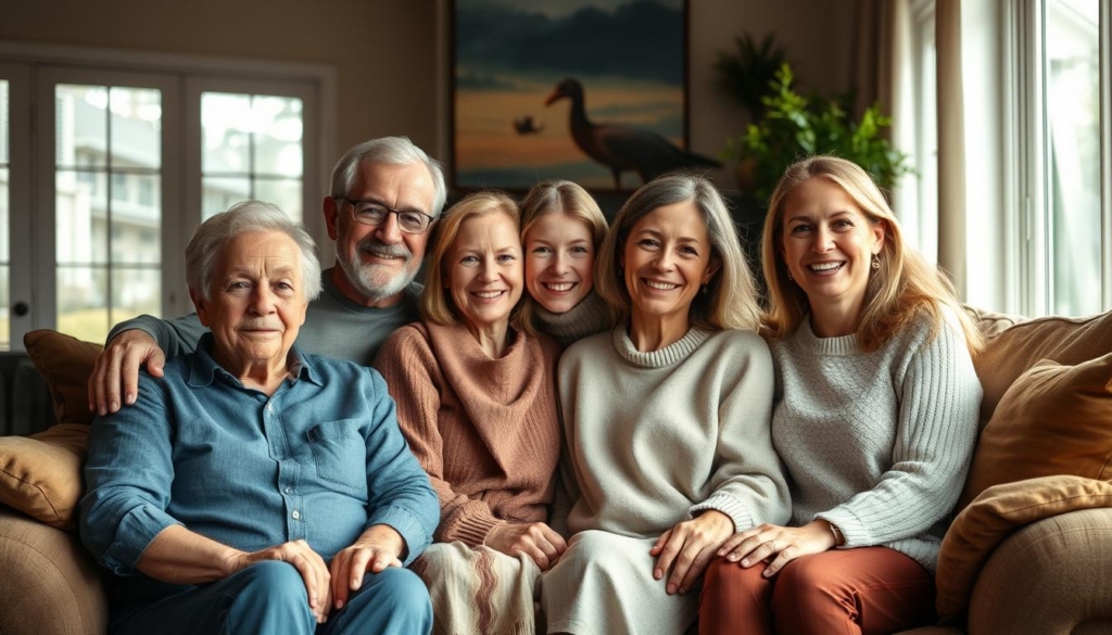A warm, intimate family portrait of the Gold family, captured in a harmonious home setting. The five family members - parents Les and Jennifer, along with their three adult children - are gathered together, exuding a sense of closeness and unity. Soft natural lighting from large windows bathes the scene, casting a gentle glow on their relaxed, smiling expressions. The living room's cozy furnishings and décor suggest a well-established, prosperous household. The family members are positioned in a balanced, visually pleasing composition, conveying a strong, supportive dynamic. An aura of pride, success, and family pride radiates from the image, reflecting the Golds' remarkable journey.