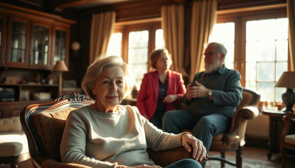 A warm, inviting family portrait of the Reemtsma family, captured in a sun-dappled study. In the foreground, Frauke Neubauer sits comfortably in an antique armchair, her gentle expression conveying a sense of familial connection. Behind her, the Reemtsma matriarch and patriarch are engaged in thoughtful conversation, their poses and gestures suggesting a deep, profound bond. The background is filled with the rich, mahogany hues of the study's furnishings, creating a cozy, elegant atmosphere. Soft lighting filters through the large windows, casting a golden glow over the scene and highlighting the family's sense of togetherness and tranquility.