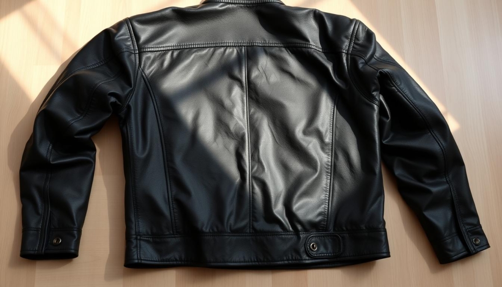 A well-lit, close-up photograph of a black leather jacket laid flat on a smooth, wooden surface. The jacket is freshly cleaned and conditioned, its supple texture and glossy sheen visible. Rays of soft, natural light gently illuminate the jacket, accentuating its folds and creases. The background is minimalist, allowing the jacket to be the focal point. The composition is symmetrical and balanced, inviting the viewer to examine the proper drying technique for maintaining the jacket's longevity and luster. A well-lit, close-up photograph of a black leather jacket laid flat on a smooth, wooden surface. The jacket is freshly cleaned and conditioned, its supple texture and glossy sheen visible. Rays of soft, natural light gently illuminate the jacket, accentuating its folds and creases. The background is minimalist, allowing the jacket to be the focal point. The composition is symmetrical and balanced, inviting the viewer to examine the proper drying technique for maintaining the jacket's longevity and luster.