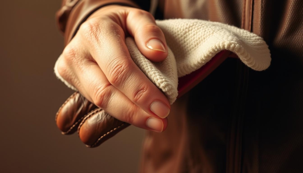 A well-lit, close-up photograph of a hand gently rubbing a leather glove or jacket with a soft, damp cloth, expertly removing visible dirt and stains. The fabric's natural texture and sheen should be clearly visible, with the process capturing the care and attention required to maintain the item's pristine appearance. The lighting should be warm and diffused, creating a sense of tranquility and focus. The background should be muted and neutral, allowing the viewer to concentrate on the detailed cleaning technique. A well-lit, close-up photograph of a hand gently rubbing a leather glove or jacket with a soft, damp cloth, expertly removing visible dirt and stains. The fabric's natural texture and sheen should be clearly visible, with the process capturing the care and attention required to maintain the item's pristine appearance. The lighting should be warm and diffused, creating a sense of tranquility and focus. The background should be muted and neutral, allowing the viewer to concentrate on the detailed cleaning technique.
