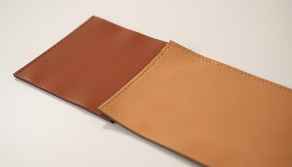 A well-lit, close-up photograph of two distinct leather samples placed side by side on a clean, neutral-colored surface. The sample on the left is a smooth, glossy Glattleder leather, while the one on the right is a soft, textured Wildleder suede. The lighting is balanced, highlighting the unique surface qualities and colors of each leather type. The image is captured at an angle that allows the viewer to appreciate the material details and understand the differences between the two leather varieties. The overall mood is one of clarity and attention to the nuances of leather care and preservation. A well-lit, close-up photograph of two distinct leather samples placed side by side on a clean, neutral-colored surface. The sample on the left is a smooth, glossy Glattleder leather, while the one on the right is a soft, textured Wildleder suede. The lighting is balanced, highlighting the unique surface qualities and colors of each leather type. The image is captured at an angle that allows the viewer to appreciate the material details and understand the differences between the two leather varieties. The overall mood is one of clarity and attention to the nuances of leather care and preservation.