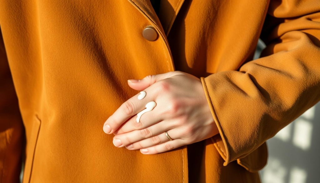 A well-lit, close-up shot of a pair of hands gently and meticulously caring for a supple suede jacket. The soft, velvety texture of the leather is clearly visible, with the fingers tenderly applying a specialized suede conditioner in smooth, even strokes. The background is a neutral, minimalist setting, allowing the focus to remain on the delicate care ritual. Warm, natural lighting casts a subtle glow, highlighting the rich, earthy tones of the suede. The overall mood is one of reverence and attention to detail, conveying the importance of properly maintaining this unique, high-quality material. A well-lit, close-up shot of a pair of hands gently and meticulously caring for a supple suede jacket. The soft, velvety texture of the leather is clearly visible, with the fingers tenderly applying a specialized suede conditioner in smooth, even strokes. The background is a neutral, minimalist setting, allowing the focus to remain on the delicate care ritual. Warm, natural lighting casts a subtle glow, highlighting the rich, earthy tones of the suede. The overall mood is one of reverence and attention to detail, conveying the importance of properly maintaining this unique, high-quality material.