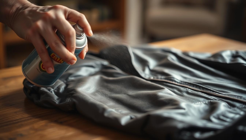 A well-lit close-up shot of a person's hand spraying a leather jacket with a can of waterproofing spray. The jacket is lying on a wooden surface, with the spray mist visible in the air. The lighting is soft and diffused, creating a sense of focus and attention on the action. The background is blurred but suggests a cozy, warm-toned indoor setting. The overall mood is one of care and attention to detail, reflecting the step-by-step process of properly caring for and waterproofing a leather jacket. A well-lit close-up shot of a person's hand spraying a leather jacket with a can of waterproofing spray. The jacket is lying on a wooden surface, with the spray mist visible in the air. The lighting is soft and diffused, creating a sense of focus and attention on the action. The background is blurred but suggests a cozy, warm-toned indoor setting. The overall mood is one of care and attention to detail, reflecting the step-by-step process of properly caring for and waterproofing a leather jacket.