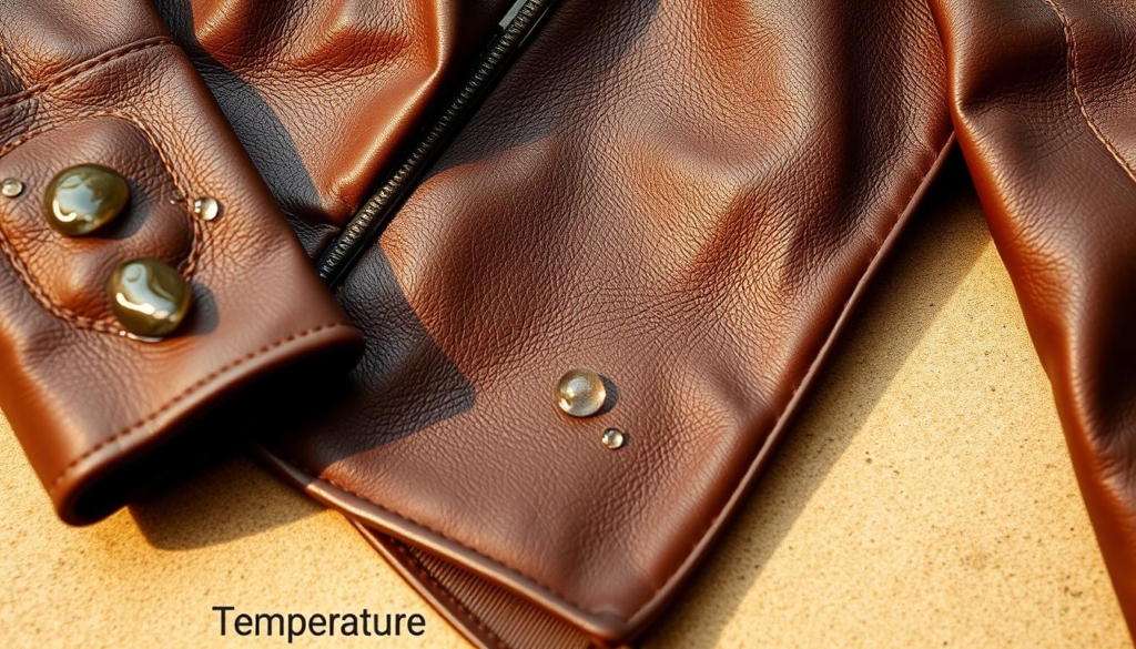 A well-lit, close-up view of a soft, supple leather jacket, its surface glistening with water droplets. The jacket is placed on a neutral-colored surface, allowing the texture and color of the leather to take center stage. The lighting is warm and natural, creating a cozy, inviting atmosphere. The angle is slightly elevated, giving the viewer a sense of the jacket's materiality and quality. The composition emphasizes the jacket's temperature, conveying the ideal warmth and softness for proper washing and care. A well-lit, close-up view of a soft, supple leather jacket, its surface glistening with water droplets. The jacket is placed on a neutral-colored surface, allowing the texture and color of the leather to take center stage. The lighting is warm and natural, creating a cozy, inviting atmosphere. The angle is slightly elevated, giving the viewer a sense of the jacket's materiality and quality. The composition emphasizes the jacket's temperature, conveying the ideal warmth and softness for proper washing and care.