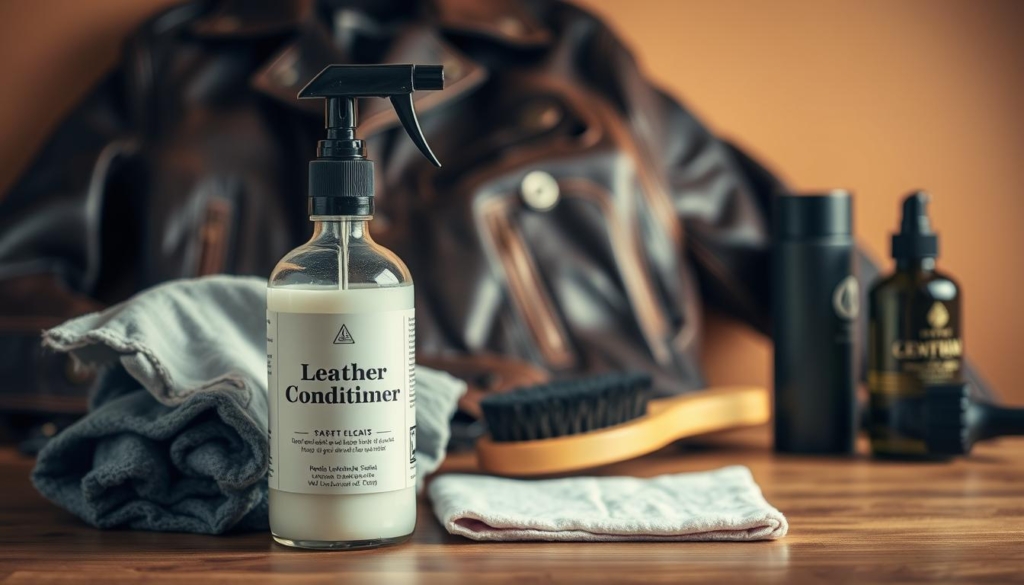 A well-lit, closeup shot of a tabletop arrangement showcasing various leather cleaning materials. In the foreground, a bottle of leather conditioner, a leather brush, and a soft cloth are neatly arranged. The middle ground features a leather jacket, slightly worn, waiting to be treated. The background is a plain, warm-toned surface, allowing the products and the jacket to be the focus. The lighting is soft and diffused, highlighting the textures and colors of the leather and the cleaning supplies. The overall mood is one of attention to detail and care for cherished leather goods. A well-lit, closeup shot of a tabletop arrangement showcasing various leather cleaning materials. In the foreground, a bottle of leather conditioner, a leather brush, and a soft cloth are neatly arranged. The middle ground features a leather jacket, slightly worn, waiting to be treated. The background is a plain, warm-toned surface, allowing the products and the jacket to be the focus. The lighting is soft and diffused, highlighting the textures and colors of the leather and the cleaning supplies. The overall mood is one of attention to detail and care for cherished leather goods.
