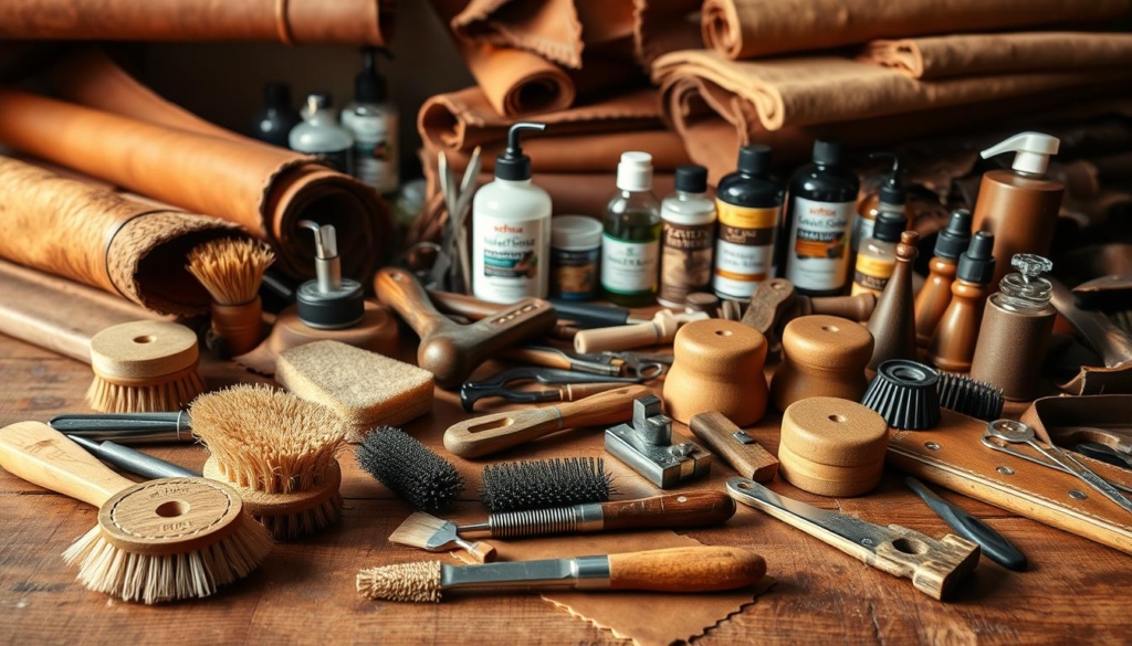 A well-lit, high-resolution image of an assortment of leatherworking tools and materials arranged on a wooden table. In the foreground, various brushes, sponges, and applicators for applying leather conditioners, protectants, and waterproofing products. In the middle ground, a selection of leather-working tools including a stitching awl, creasing tools, and a leather punch. In the background, rolls of different leather types, including suede and full-grain, as well as bottles of leather dye, sealants, and other finishing products. The lighting is natural and warm, creating a cozy, artisanal atmosphere suitable for illustrating a section on the tools and materials used to care for leather goods.