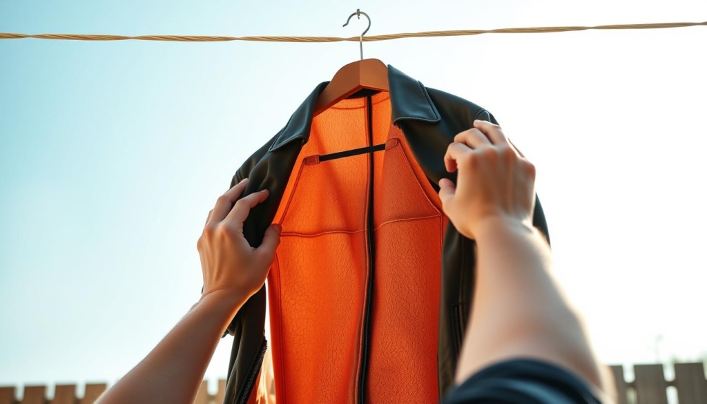 A well-lit, high-resolution photograph of a person carefully hanging a damp leather jacket on a clothesline to dry, set against a backdrop of a bright, sunny day with a clear blue sky. The jacket is positioned with care, allowing the air to circulate around it. The person's hands are gently smoothing the fabric, ensuring the jacket is evenly distributed on the line. The lighting is soft and diffused, creating a warm, natural atmosphere. The camera angle is slightly elevated, providing a clear, detailed view of the drying process. The overall scene conveys a sense of diligence and attention to proper leather care. A well-lit, high-resolution photograph of a person carefully hanging a damp leather jacket on a clothesline to dry, set against a backdrop of a bright, sunny day with a clear blue sky. The jacket is positioned with care, allowing the air to circulate around it. The person's hands are gently smoothing the fabric, ensuring the jacket is evenly distributed on the line. The lighting is soft and diffused, creating a warm, natural atmosphere. The camera angle is slightly elevated, providing a clear, detailed view of the drying process. The overall scene conveys a sense of diligence and attention to proper leather care.