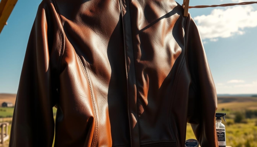 A well-lit leather jacket hanging on a rustic wooden clothesline, gently swaying in the breeze. The rich, supple texture of the leather is clearly visible, the surface polished and gleaming. Sunlight casts warm, diffused shadows, creating depth and dimension. In the background, a serene countryside landscape with rolling hills and a clear blue sky. A spray bottle and a small container of waterproofing wax are placed nearby, suggesting the ongoing process of drying and conditioning the jacket. The scene conveys a sense of care, attention to detail, and the preservation of a cherished personal item.