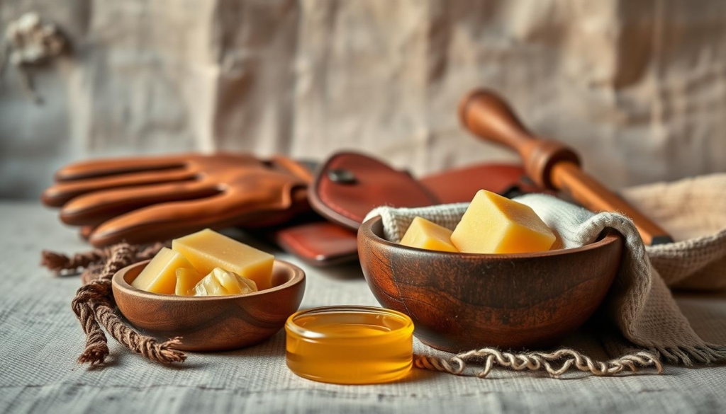 A well-lit still life arrangement showcasing the natural ingredients for sustainable leather care. In the foreground, a wooden bowl filled with beeswax, natural oils, and a soft cloth. In the middle ground, a vintage-style leather glove and a small brush for gentle cleaning. The background features a simple backdrop of natural linen, highlighting the earthy, eco-friendly theme. Soft, diffused lighting from the side casts a warm glow over the scene, emphasizing the rustic, handcrafted aesthetic. The overall mood is one of simplicity, sustainability, and care for high-quality leather goods.