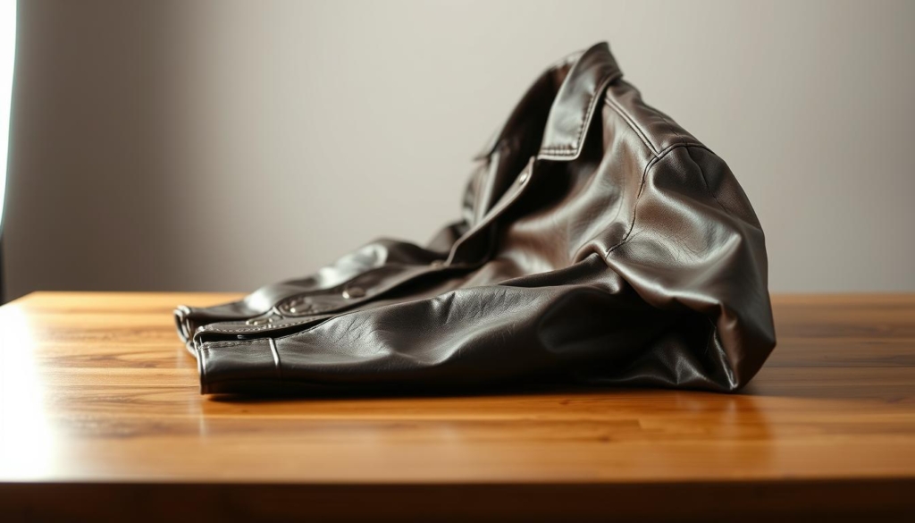 A well-lit studio photograph showing the proper storage method for a leather jacket. The jacket is neatly folded and placed on a wooden surface, with the collar and shoulders supported to maintain their shape. The lighting is soft and diffused, creating a warm, inviting atmosphere. The camera is positioned at a slight angle, capturing the details of the fabric and the clean, minimalist presentation. The background is a simple, neutral color that allows the jacket to be the focal point. The overall composition conveys a sense of care and attention to detail, reflecting the importance of proper storage for preserving the longevity and quality of a leather garment.