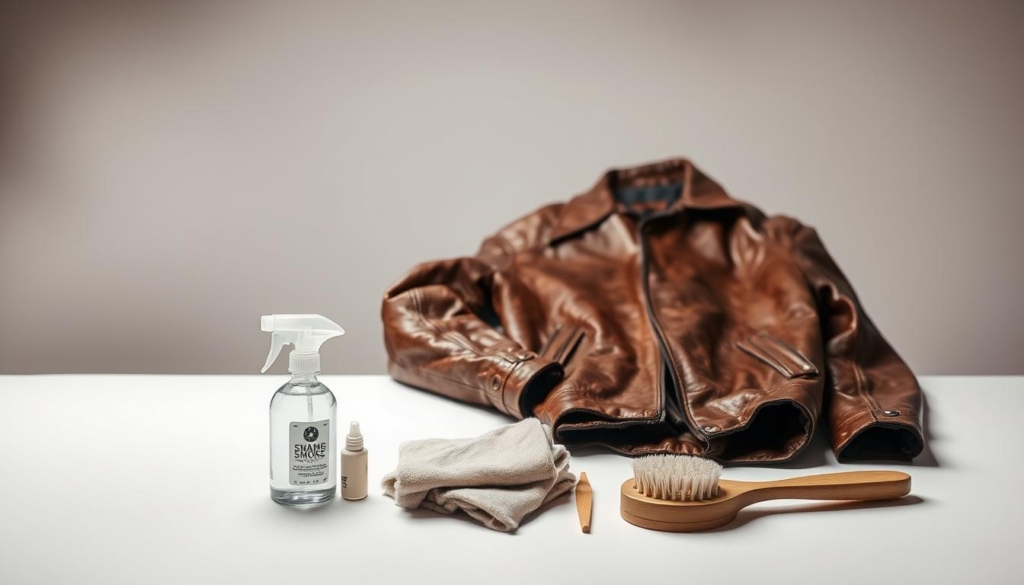 A well-lit studio setting with a neatly arranged table displaying a leather jacket. The jacket is prominently featured, with a slight distressed texture to convey its usage. Soft, diffused lighting illuminates the surface, highlighting the jacket's color and material. In the foreground, a variety of cleaning products and tools are arranged, including a small spray bottle, a soft cloth, and a brush. The middle ground features a clean, minimal background with neutral tones, allowing the jacket and cleaning items to take center stage. The overall atmosphere is calm and focused, conveying a sense of care and attention to the task of removing smoke odor from the leather jacket. A well-lit studio setting with a neatly arranged table displaying a leather jacket. The jacket is prominently featured, with a slight distressed texture to convey its usage. Soft, diffused lighting illuminates the surface, highlighting the jacket's color and material. In the foreground, a variety of cleaning products and tools are arranged, including a small spray bottle, a soft cloth, and a brush. The middle ground features a clean, minimal background with neutral tones, allowing the jacket and cleaning items to take center stage. The overall atmosphere is calm and focused, conveying a sense of care and attention to the task of removing smoke odor from the leather jacket.