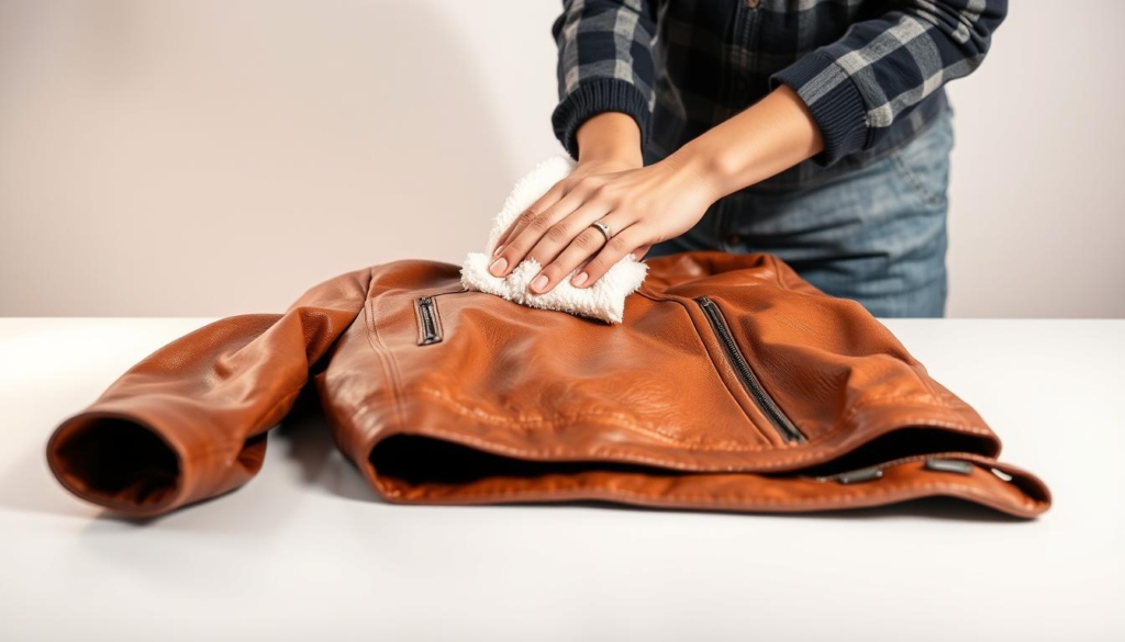 A well-lit studio shot of a person gently cleaning a brown leather jacket with a soft cloth, showcasing the details of the texture and stitching. The jacket is placed on a clean, white surface, allowing the focus to be on the cleaning process. The lighting is soft and diffused, creating a warm, inviting atmosphere. The camera angle is slightly elevated, providing a clear view of the cleaning technique. The background is minimalist, with a plain, neutral-colored wall, ensuring the subject remains the primary focus. A well-lit studio shot of a person gently cleaning a brown leather jacket with a soft cloth, showcasing the details of the texture and stitching. The jacket is placed on a clean, white surface, allowing the focus to be on the cleaning process. The lighting is soft and diffused, creating a warm, inviting atmosphere. The camera angle is slightly elevated, providing a clear view of the cleaning technique. The background is minimalist, with a plain, neutral-colored wall, ensuring the subject remains the primary focus.