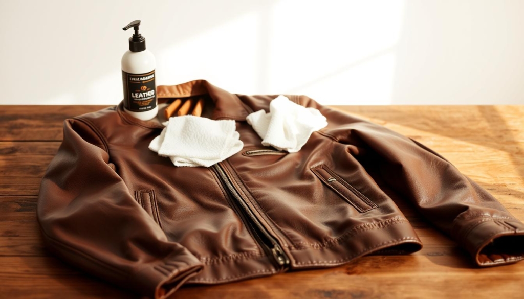 A well-maintained leather jacket on a wooden table, with a clean, soft cloth, leather conditioner, and a small brush arranged neatly around it. The jacket is captured in soft, warm lighting, highlighting the rich, supple texture of the leather. The background is a simple, minimalist setting, allowing the focus to be on the care and attention given to the jacket. The overall atmosphere conveys a sense of thoughtful, methodical care, reflecting the step-by-step process of properly caring for a leather jacket while on vacation.