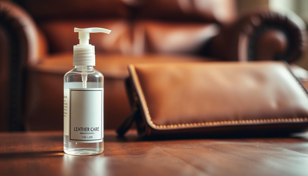 A well-maintained leather surface, gleaming with a soft sheen under warm, diffused lighting. In the foreground, a delicate leather-care product bottle stands, its label showcasing a simple, elegant design. The midground features a meticulously cared-for leather item, such as a briefcase or wallet, its surface pristine and unmarred. In the background, a subtle, luxurious leather armchair or sofa frames the scene, inviting the viewer to imagine the care and attention needed to preserve such fine materials. The overall mood is one of refined sophistication, emphasizing the importance of preventative measures and proper leather maintenance. A well-maintained leather surface, gleaming with a soft sheen under warm, diffused lighting. In the foreground, a delicate leather-care product bottle stands, its label showcasing a simple, elegant design. The midground features a meticulously cared-for leather item, such as a briefcase or wallet, its surface pristine and unmarred. In the background, a subtle, luxurious leather armchair or sofa frames the scene, inviting the viewer to imagine the care and attention needed to preserve such fine materials. The overall mood is one of refined sophistication, emphasizing the importance of preventative measures and proper leather maintenance.