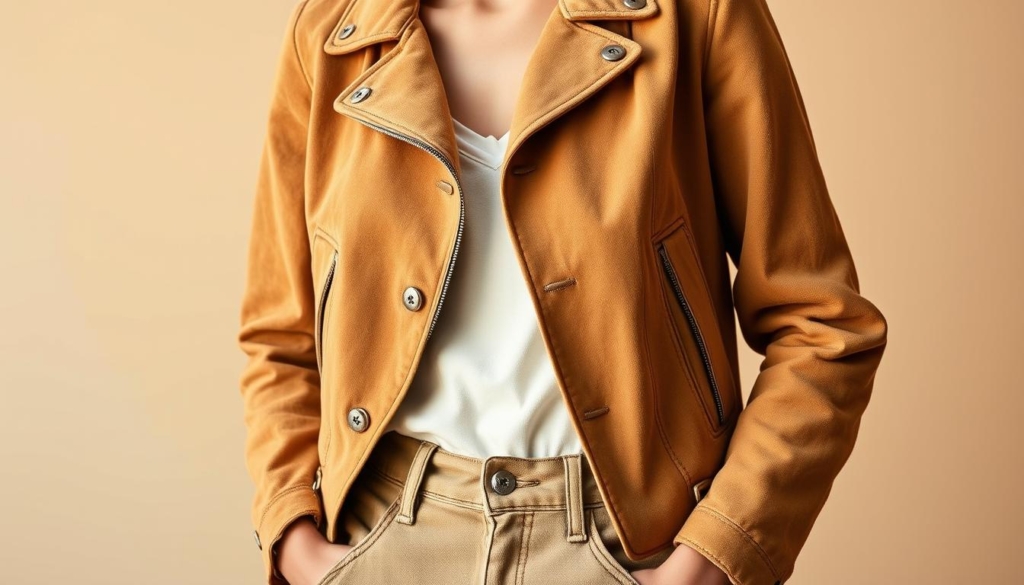 A well-worn, beige suede jacket in a classic aviator style, with a slightly distressed texture and a slim, tailored silhouette. The jacket is complemented by a pair of relaxed, high-waisted jeans in a neutral khaki hue, creating a sophisticated yet effortless look. The lighting is soft and natural, with a warm, golden tone that enhances the tactile quality of the materials. The composition places the model in a three-quarter view, capturing the details of the jacket and the overall casual elegance of the ensemble against a minimalist, muted background. A well-worn, beige suede jacket in a classic aviator style, with a slightly distressed texture and a slim, tailored silhouette. The jacket is complemented by a pair of relaxed, high-waisted jeans in a neutral khaki hue, creating a sophisticated yet effortless look. The lighting is soft and natural, with a warm, golden tone that enhances the tactile quality of the materials. The composition places the model in a three-quarter view, capturing the details of the jacket and the overall casual elegance of the ensemble against a minimalist, muted background.