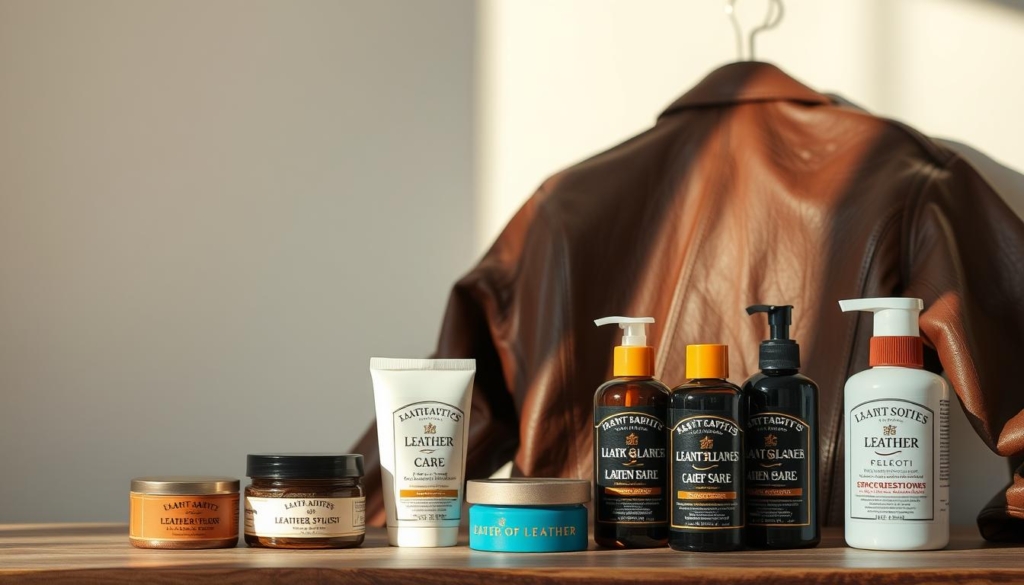 A well-worn leather jacket, its surface meticulously conditioned and buffed to a soft sheen, rests against a clean, minimalist background. Warm, directional lighting from the side casts gentle shadows, accentuating the supple texture and natural grain of the material. In the foreground, a selection of high-quality leather care products - creams, conditioners, and polishes - are neatly arranged, conveying a sense of diligent, long-term maintenance. The overall mood is one of quiet elegance and appreciation for the timeless beauty of quality leather, inspiring confidence in the jacket's ability to withstand the wear and tear of daily use without succumbing to unsightly scratches or blemishes. A well-worn leather jacket, its surface meticulously conditioned and buffed to a soft sheen, rests against a clean, minimalist background. Warm, directional lighting from the side casts gentle shadows, accentuating the supple texture and natural grain of the material. In the foreground, a selection of high-quality leather care products - creams, conditioners, and polishes - are neatly arranged, conveying a sense of diligent, long-term maintenance. The overall mood is one of quiet elegance and appreciation for the timeless beauty of quality leather, inspiring confidence in the jacket's ability to withstand the wear and tear of daily use without succumbing to unsightly scratches or blemishes.
