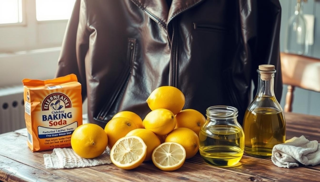 A well-worn leather jacket sits atop a rustic wooden table, surrounded by an array of natural cleaning agents. In the foreground, a handful of lemons, a pile of baking soda, and a small bowl of olive oil stand ready to revive the jacket's luster. The middle ground features a soft, natural-fiber cloth and a small glass jar, hinting at the gentle, chemical-free approach to leather care. Sunlight filters in through a nearby window, casting a warm, inviting glow over the scene and suggesting the rejuvenating power of these simple, household ingredients. The overall mood is one of simplicity, practicality, and a return to traditional methods for maintaining the timeless appeal of a beloved leather garment. A well-worn leather jacket sits atop a rustic wooden table, surrounded by an array of natural cleaning agents. In the foreground, a handful of lemons, a pile of baking soda, and a small bowl of olive oil stand ready to revive the jacket's luster. The middle ground features a soft, natural-fiber cloth and a small glass jar, hinting at the gentle, chemical-free approach to leather care. Sunlight filters in through a nearby window, casting a warm, inviting glow over the scene and suggesting the rejuvenating power of these simple, household ingredients. The overall mood is one of simplicity, practicality, and a return to traditional methods for maintaining the timeless appeal of a beloved leather garment.