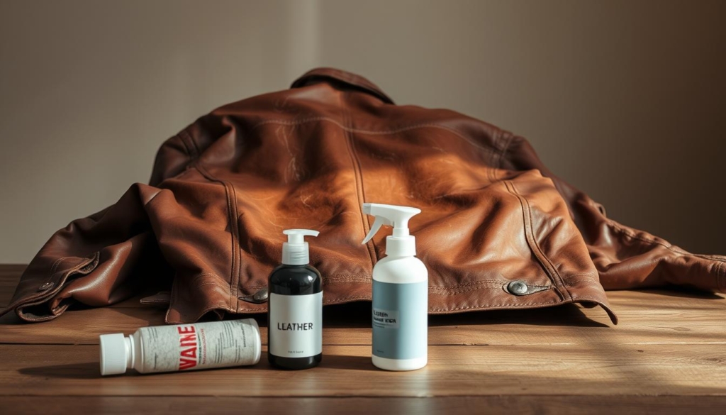 A well-worn leather jacket sits on a wooden table, its surface marred by scratches and scuffs. Soft lighting casts gentle shadows, highlighting the texture of the hide. In the foreground, a set of leather care products - conditioner, cleaner, and protector - are neatly arranged, ready to revive the jacket's luster. The background features a muted, earthy color palette, creating a calming, contemplative atmosphere. The composition conveys a sense of problem-solving, with the tools at hand to remedy the common issues that plague delicate wildleder. A minimalist, yet impactful scene that visually encapsulates the "Häufige Probleme und ihre Lösung" section of the article.