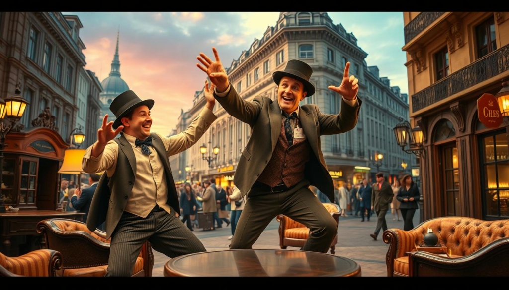 A whimsical scene of two mischievous con artists in a chaotic German comedy film. In the foreground, the lead actors engage in a slapstick scenario, their exaggerated facial expressions and flailing limbs conveying the comedic tone. The middle ground features an intricately detailed set, with meticulously designed period-accurate furnishings and architectural elements that transport the viewer to the film's vintage setting. The background showcases a vibrant cityscape, with imposing buildings, bustling pedestrians, and a dynamic lighting scheme that infuses the image with a sense of energy and movement. The overall composition captures the essence of the film's "Knall und Fall" (Chaos and Calamity) narrative, presenting a visually engaging and humorous portrayal of the story's chaotic adventure. A whimsical scene of two mischievous con artists in a chaotic German comedy film. In the foreground, the lead actors engage in a slapstick scenario, their exaggerated facial expressions and flailing limbs conveying the comedic tone. The middle ground features an intricately detailed set, with meticulously designed period-accurate furnishings and architectural elements that transport the viewer to the film's vintage setting. The background showcases a vibrant cityscape, with imposing buildings, bustling pedestrians, and a dynamic lighting scheme that infuses the image with a sense of energy and movement. The overall composition captures the essence of the film's "Knall und Fall" (Chaos and Calamity) narrative, presenting a visually engaging and humorous portrayal of the story's chaotic adventure.