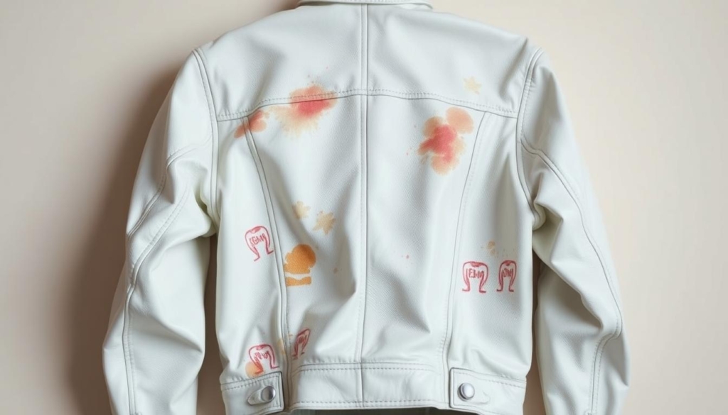 A white leather jacket with visible stains and dirt marks, placed against a simple backdrop. The jacket is positioned in the center of the frame, with good lighting that highlights the texture and color of the leather. The background is a soft, neutral color that doesn't distract from the main subject. The angle is slightly elevated, giving a clear view of the jacket's surface and the problem areas that need to be addressed. The overall mood is one of focus and attention to detail, inviting the viewer to closely examine the jacket and consider effective home remedies for removing stubborn stains from white leather.
