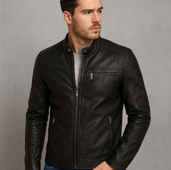 Mann trägt schwarze Amaci & Sons Lederjacke im Biker-Look vor grauer Wand