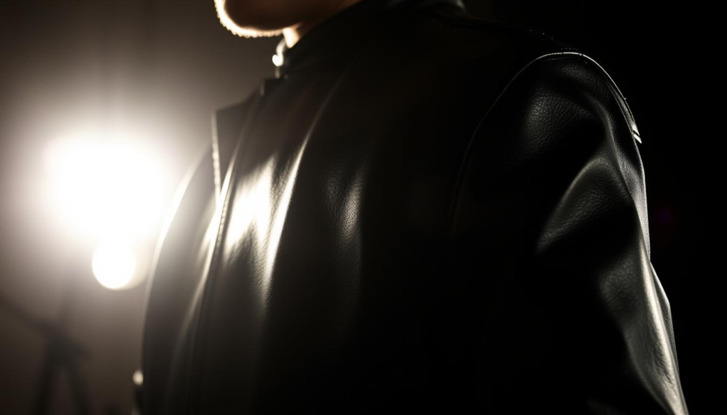 Büffel-nappa leather, a supple and durable material, in a sleek black hue. The leather glistens under a dramatic chiaroscuro lighting, casting deep shadows that accentuate the jacket's sharp, angular silhouette. The foreground is a close-up view, allowing the viewer to appreciate the refined texture and premium quality of the leather. In the background, a dimly lit studio setting creates an atmospheric, cinematic ambiance, evoking the iconic imagery of Marlon Brando's legendary black biker jacket from the film "The Wild One". Büffel-nappa leather, a supple and durable material, in a sleek black hue. The leather glistens under a dramatic chiaroscuro lighting, casting deep shadows that accentuate the jacket's sharp, angular silhouette. The foreground is a close-up view, allowing the viewer to appreciate the refined texture and premium quality of the leather. In the background, a dimly lit studio setting creates an atmospheric, cinematic ambiance, evoking the iconic imagery of Marlon Brando's legendary black biker jacket from the film "The Wild One".