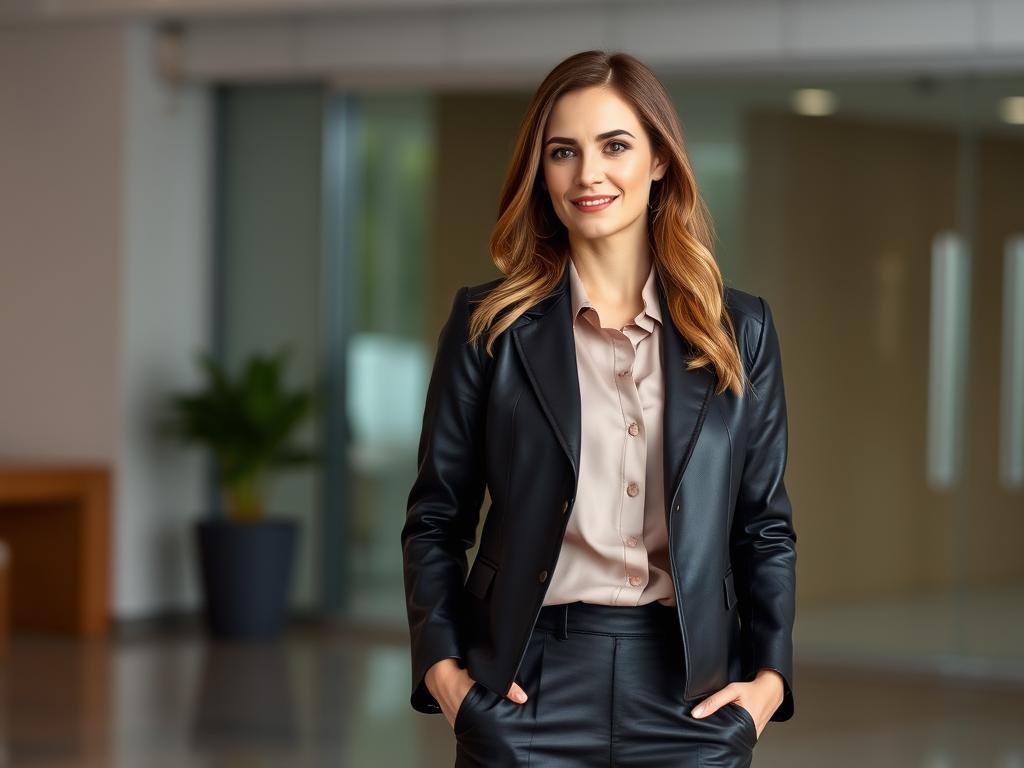 Business-taugliches Outfit mit Lederblazer für Damen im Büro Business-taugliches Outfit mit Lederblazer für Damen im Büro