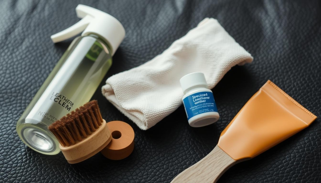 Detailed close-up image of various cleaning and stain removal products for leather, including a bottle of leather cleaner, a small brush, a soft cloth, and a small container of specialized leather conditioner. The items are neatly arranged on a dark, textured leather surface, with soft, even lighting illuminating the scene. The composition emphasizes the practical, functional nature of the products, conveying a sense of utility and practicality. The overall mood is one of professionalism and expertise, suitable for illustrating a section on effective leather cleaning methods. Detailed close-up image of various cleaning and stain removal products for leather, including a bottle of leather cleaner, a small brush, a soft cloth, and a small container of specialized leather conditioner. The items are neatly arranged on a dark, textured leather surface, with soft, even lighting illuminating the scene. The composition emphasizes the practical, functional nature of the products, conveying a sense of utility and practicality. The overall mood is one of professionalism and expertise, suitable for illustrating a section on effective leather cleaning methods.
