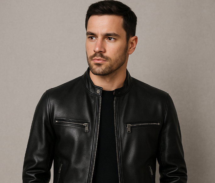 Mann trägt schwarze Dolce & Gabbana Lederjacke im Slim-Fit-Design vor grauem Hintergrund