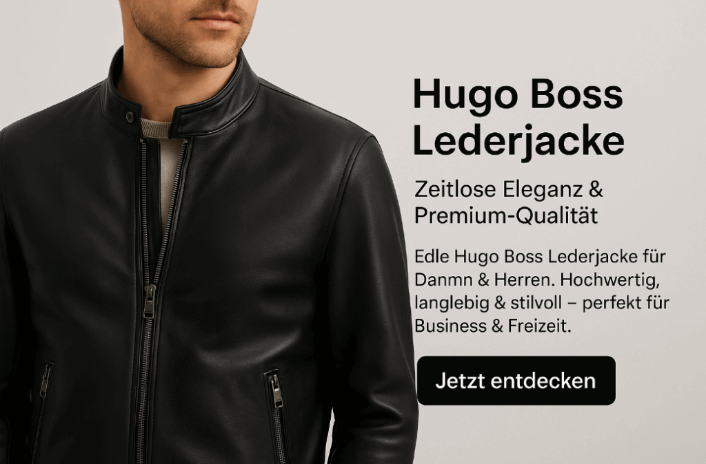 Mann trägt schwarze Hugo Boss Lederjacke im modernen, minimalistischen Design vor grauem Hintergrund