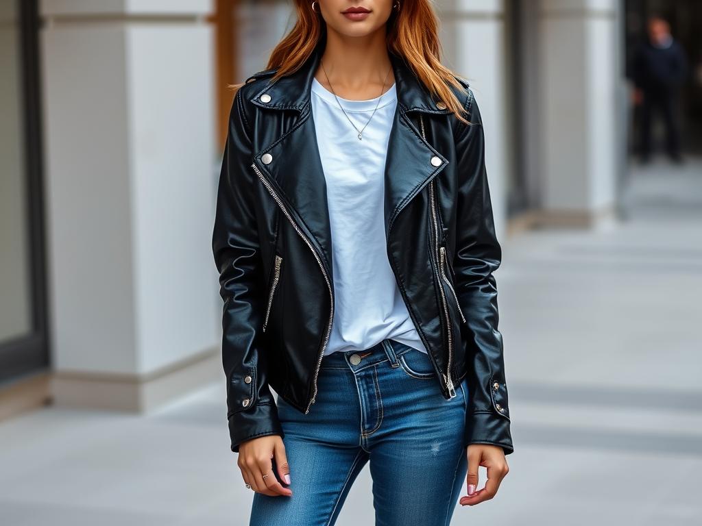 Lederjacke Damen kombiniert mit Jeans und T-Shirt für einen lässigen Alltags-Look Lederjacke Damen kombiniert mit Jeans und T-Shirt für einen lässigen Alltags-Look
