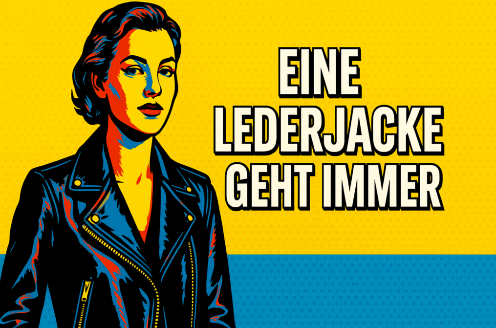 Pop-Art Illustration einer Frau in Lederjacke mit dem Text „Eine Lederjacke geht immer“ auf gelb-blauem Hintergrund