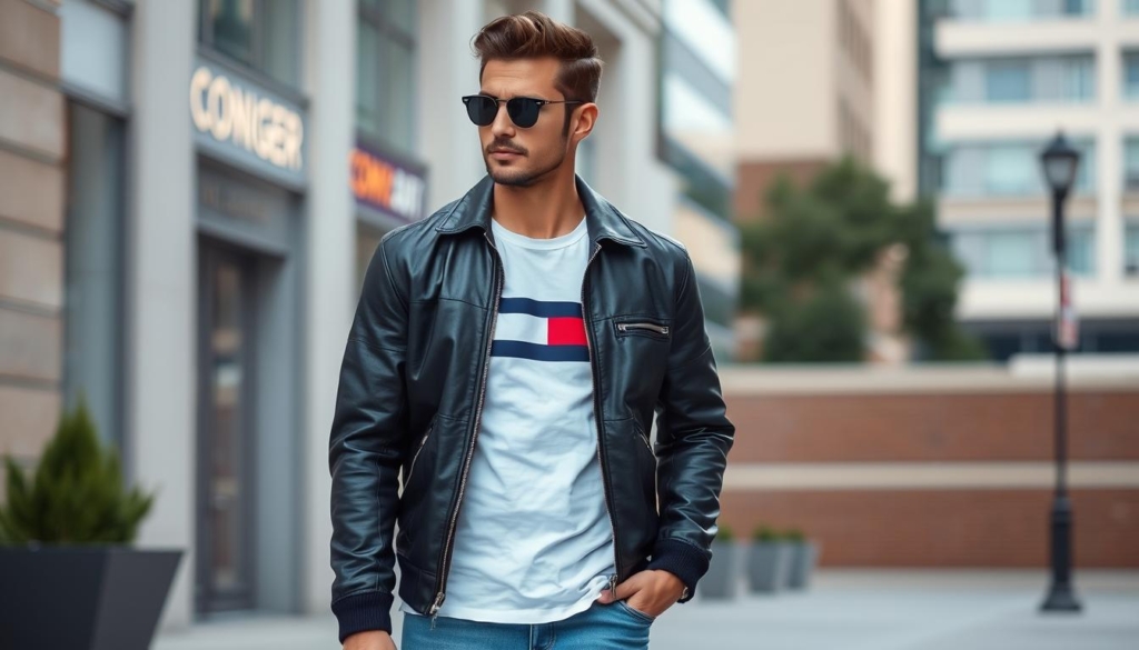Der klassische Casual-Look: Tommy Hilfiger Lederjacke mit Jeans und T-Shirt