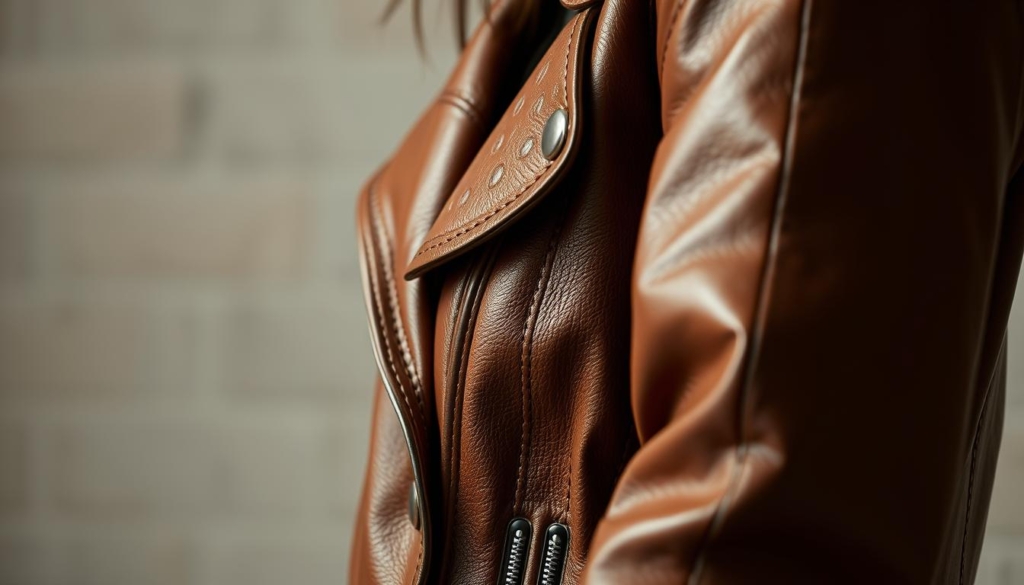 Materialien damen lederjacke: A high-resolution image showcasing an exquisite women's leather jacket. The jacket is crafted from supple, premium-grade leather with a glossy sheen. The foreground features the jacket's intricate details, such as subtle perforations, precision-stitched seams, and polished metal hardware. The middle ground highlights the jacket's clean, tailored silhouette, accentuating the feminine curves. The background is softly blurred, creating a sense of depth and focus on the jacket's materiality. The lighting is soft and diffuse, casting gentle shadows that enhance the texture and depth of the leather. The overall mood is one of understated elegance and timeless style. Materialien damen lederjacke: A high-resolution image showcasing an exquisite women's leather jacket. The jacket is crafted from supple, premium-grade leather with a glossy sheen. The foreground features the jacket's intricate details, such as subtle perforations, precision-stitched seams, and polished metal hardware. The middle ground highlights the jacket's clean, tailored silhouette, accentuating the feminine curves. The background is softly blurred, creating a sense of depth and focus on the jacket's materiality. The lighting is soft and diffuse, casting gentle shadows that enhance the texture and depth of the leather. The overall mood is one of understated elegance and timeless style.