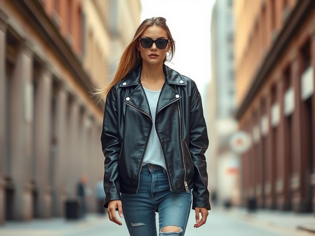 Oversized Lederjacke Damen in schwarzem Leder mit lässiger Passform Oversized Lederjacke Damen in schwarzem Leder mit lässiger Passform
