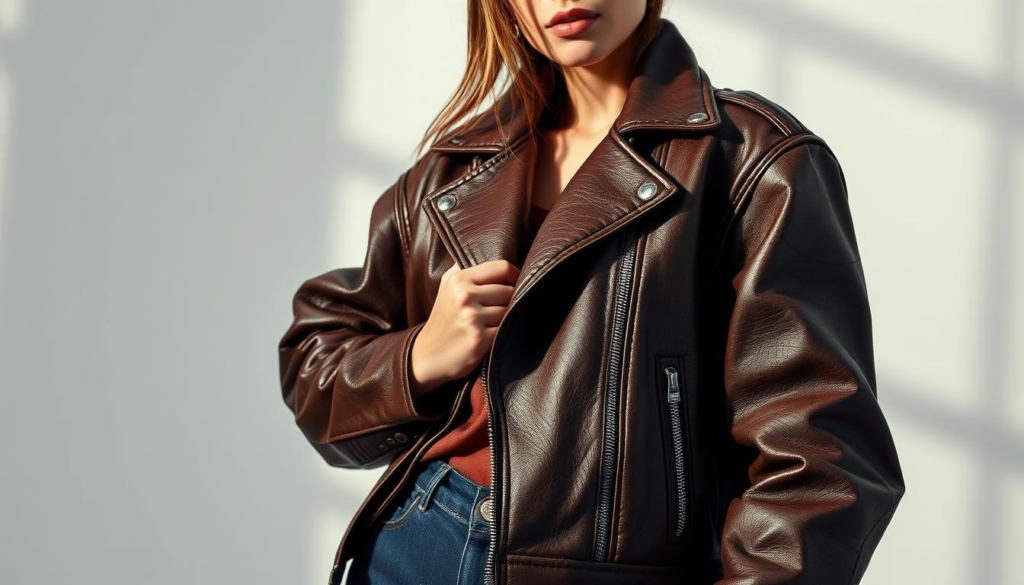 Prompt A stylish woman wearing a bold, oversized leather jacket that commands attention. The jacket is fashioned from premium distressed leather, with intricate seams and stitching that add depth and texture. The model strikes a confident pose, accentuating the jacket's dramatic silhouette and commanding presence. Soft, directional lighting illuminates the jacket's rich, lustrous sheen, casting dramatic shadows that highlight its bold, statement-making design. The background is minimalist and understated, allowing the jacket to be the focal point and the true star of the scene.