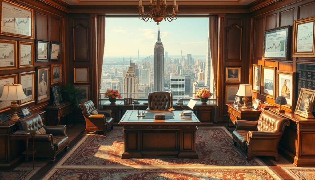 Vermögen und wirtschaftliche Erfolge A lavish and opulent scene depicting the wealth and financial success of Horst Hrubesch. In the foreground, a magnificent office adorned with rich mahogany furniture, plush leather chairs, and a grand oak desk. The middle ground showcases an array of framed financial charts, stock tickers, and certificates of achievement, hinting at Hrubesch's impressive business acumen. The background features a panoramic view of a bustling city skyline, symbolic of Hrubesch's far-reaching economic influence. Warm, golden lighting bathes the scene, creating an atmosphere of prestige and prosperity. The overall composition conveys a sense of power, success, and the culmination of Hrubesch's unwavering dedication to his financial endeavors. Vermögen und wirtschaftliche Erfolge A lavish and opulent scene depicting the wealth and financial success of Horst Hrubesch. In the foreground, a magnificent office adorned with rich mahogany furniture, plush leather chairs, and a grand oak desk. The middle ground showcases an array of framed financial charts, stock tickers, and certificates of achievement, hinting at Hrubesch's impressive business acumen. The background features a panoramic view of a bustling city skyline, symbolic of Hrubesch's far-reaching economic influence. Warm, golden lighting bathes the scene, creating an atmosphere of prestige and prosperity. The overall composition conveys a sense of power, success, and the culmination of Hrubesch's unwavering dedication to his financial endeavors.