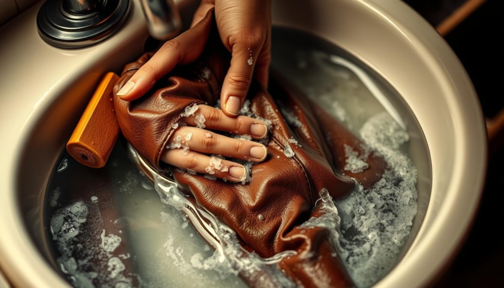 a detailed close-up shot of a leather jacket being hand-washed in a sink, with soapy water, a scrub brush, and the jacket submerged in the water. The lighting is warm and soft, with a slightly muted, vintage-inspired color palette. The focus is on the hands gently scrubbing the jacket, highlighting the care and attention required for this delicate process. The overall mood is one of tranquility and mindfulness, emphasizing the importance of properly caring for a leather garment.