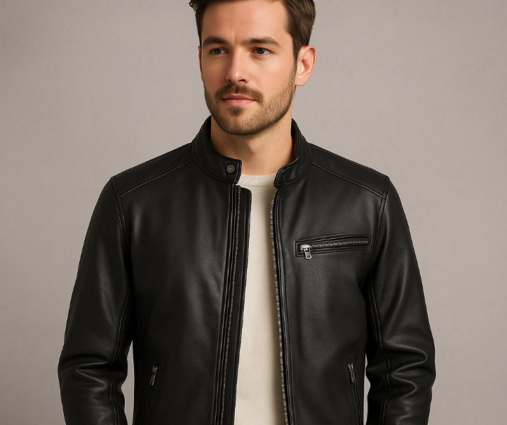 Mann trägt schwarze s.Oliver Lederjacke über hellem Pullover vor grauem Hintergrund
