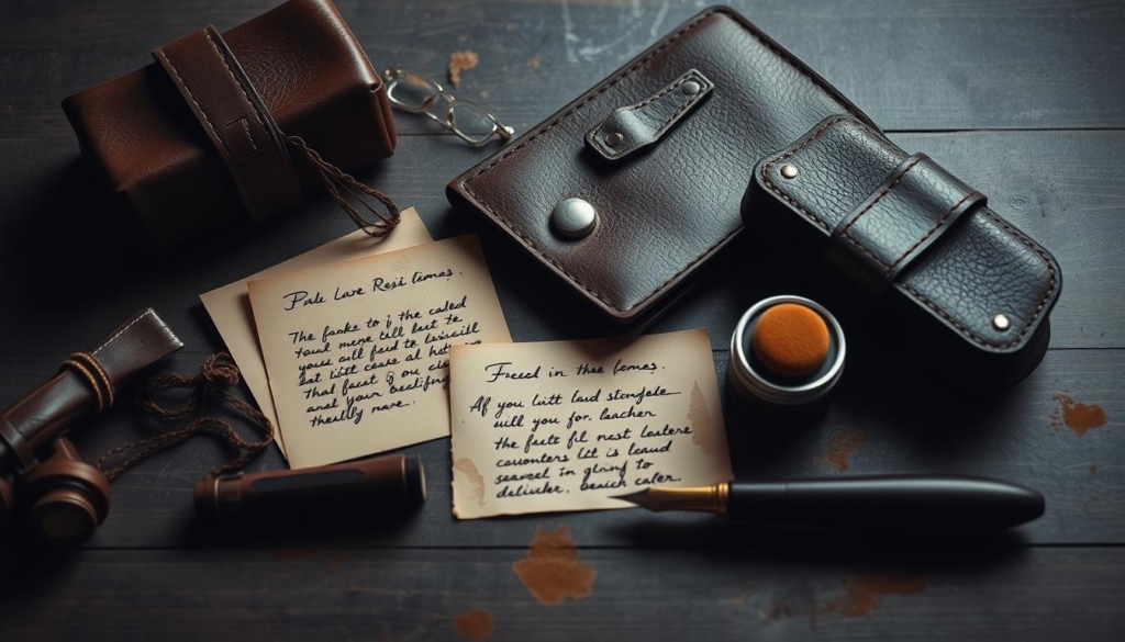 A carefully composed still life showcasing genuine customer reviews about leather care products. The scene features an arrangement of handwritten notes, leather goods, and polishing tools captured in a moody, monochromatic palette with hints of warm ochre and muted sepia tones. The lighting is soft and diffused, accentuating the tactile textures of the materials. The overall atmosphere conveys a sense of authenticity and expertise, reflecting the subject matter of real-world user experiences. The composition is balanced and visually compelling, guiding the viewer's eye through the various elements. The image should serve as an evocative visual accompaniment to the article's section on customer testimonials. A carefully composed still life showcasing genuine customer reviews about leather care products. The scene features an arrangement of handwritten notes, leather goods, and polishing tools captured in a moody, monochromatic palette with hints of warm ochre and muted sepia tones. The lighting is soft and diffused, accentuating the tactile textures of the materials. The overall atmosphere conveys a sense of authenticity and expertise, reflecting the subject matter of real-world user experiences. The composition is balanced and visually compelling, guiding the viewer's eye through the various elements. The image should serve as an evocative visual accompaniment to the article's section on customer testimonials.